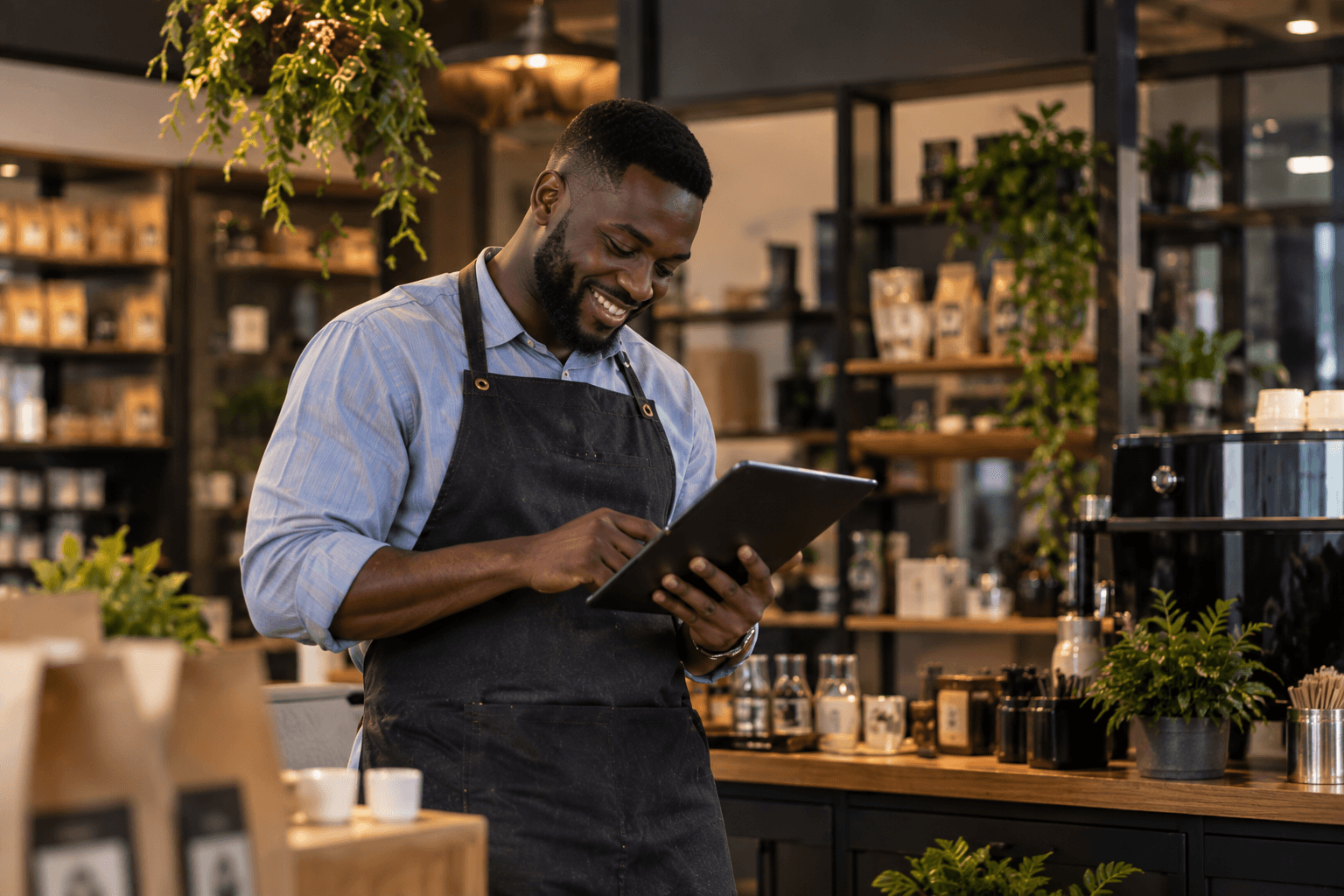 A café owner reviewing the day’s figures on a tablet behind the counter.