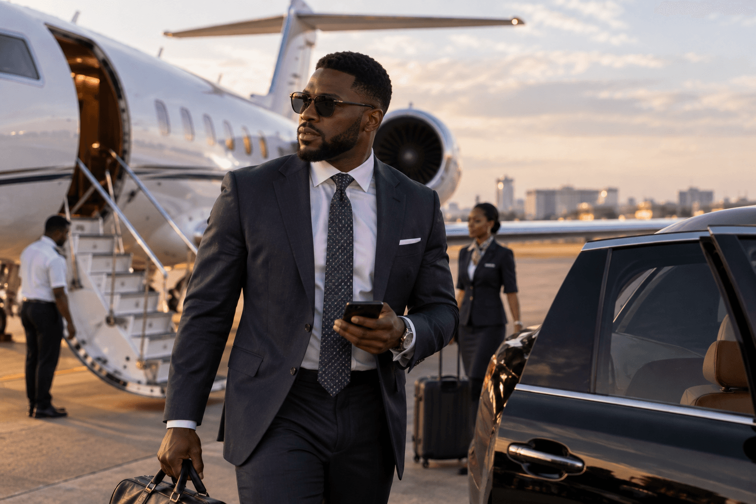 An executive leaving a private jet, checking the company on his phone.